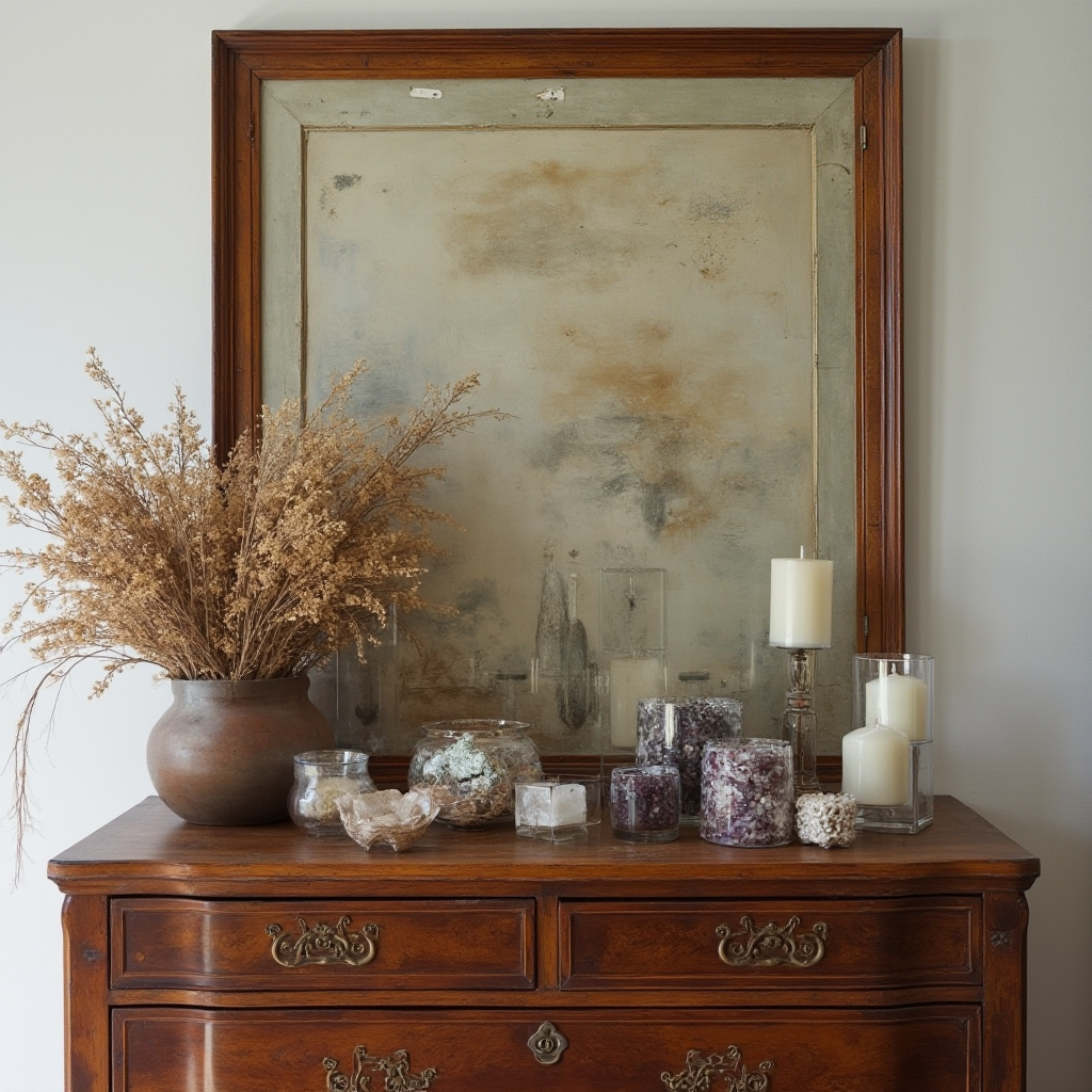 Komoda w stylu chinoiserie z rotacyjną wystawą przedmiotów: wazon z suszonymi kwiatami, kolekcja minerałów i zestaw świec w szklanych pojemnikach. Kadr ukazuje zmienność aranżacji poprzez ślady po wcześniejszych kompozycjach.