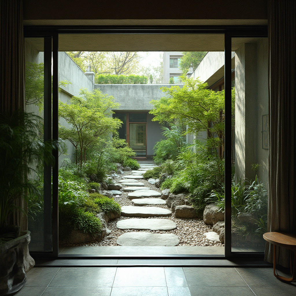 wewnętrzny ogród w stylu zen z kamiennymi ścieżkami i paprociami, zintegrowany z salonem, widok przez przesuwną szybę