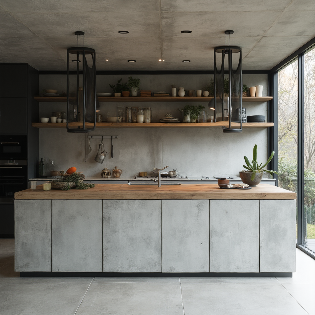 wyspa kuchenna w kolorze szarego betonu, blat z drewna tekowego, wiszące półki z czarnej stali, widok frontalny z nacięciem na oś symetrii