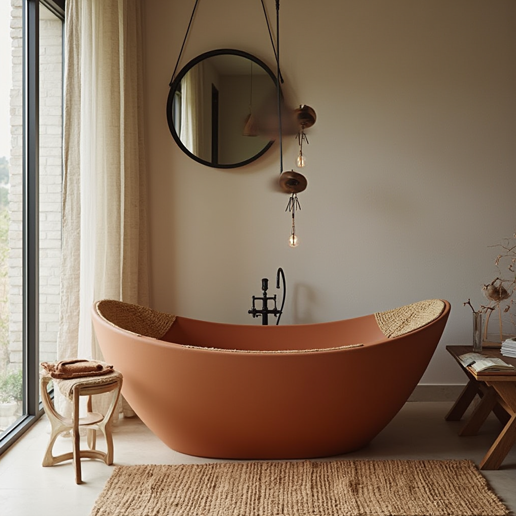 wanna wolnostojąca w kolorze terakoty, drewniana ława z wkładami z trawy morskiej, lustro w ramie z czarnego żelaza, perspektywa z poziomu oczu
