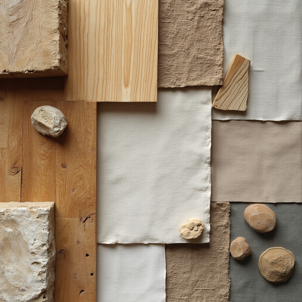 kompozycja z naturalnych materiałów: próbki drewna, kamienie, lniane tkaniny ułożone w geometryczny układ, widok z bliska