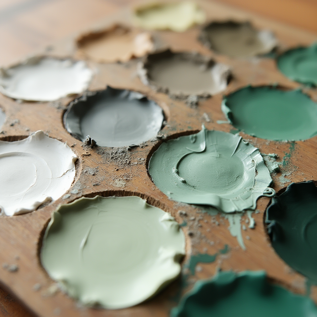 paleta barw stylu japandi: próbki farb w odcieniach bieli, szarości, brązów i zieleni ułożone na drewnianej desce, widok makro