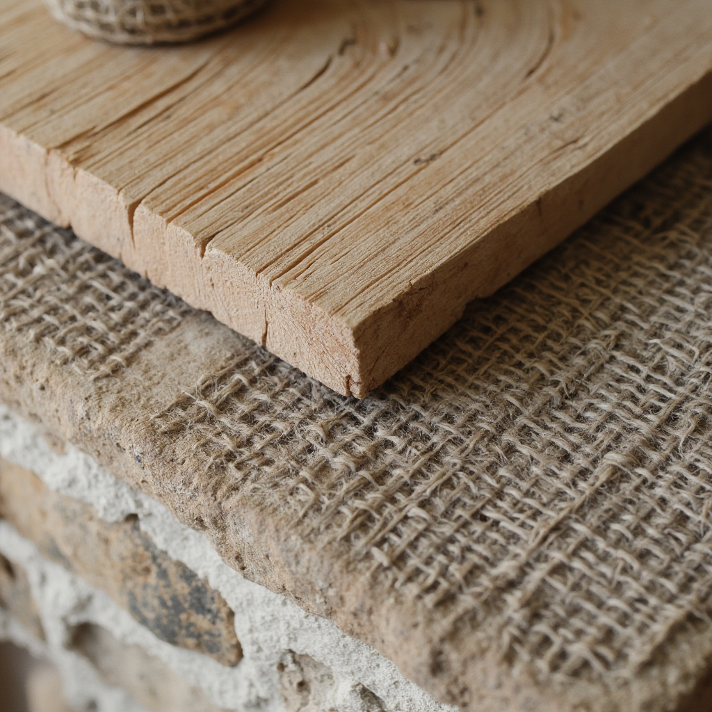 detale materiałowe: faktura drewna dębowego, szorstki kamień, lniana tkanina, miedziane okucia, widok z bliska