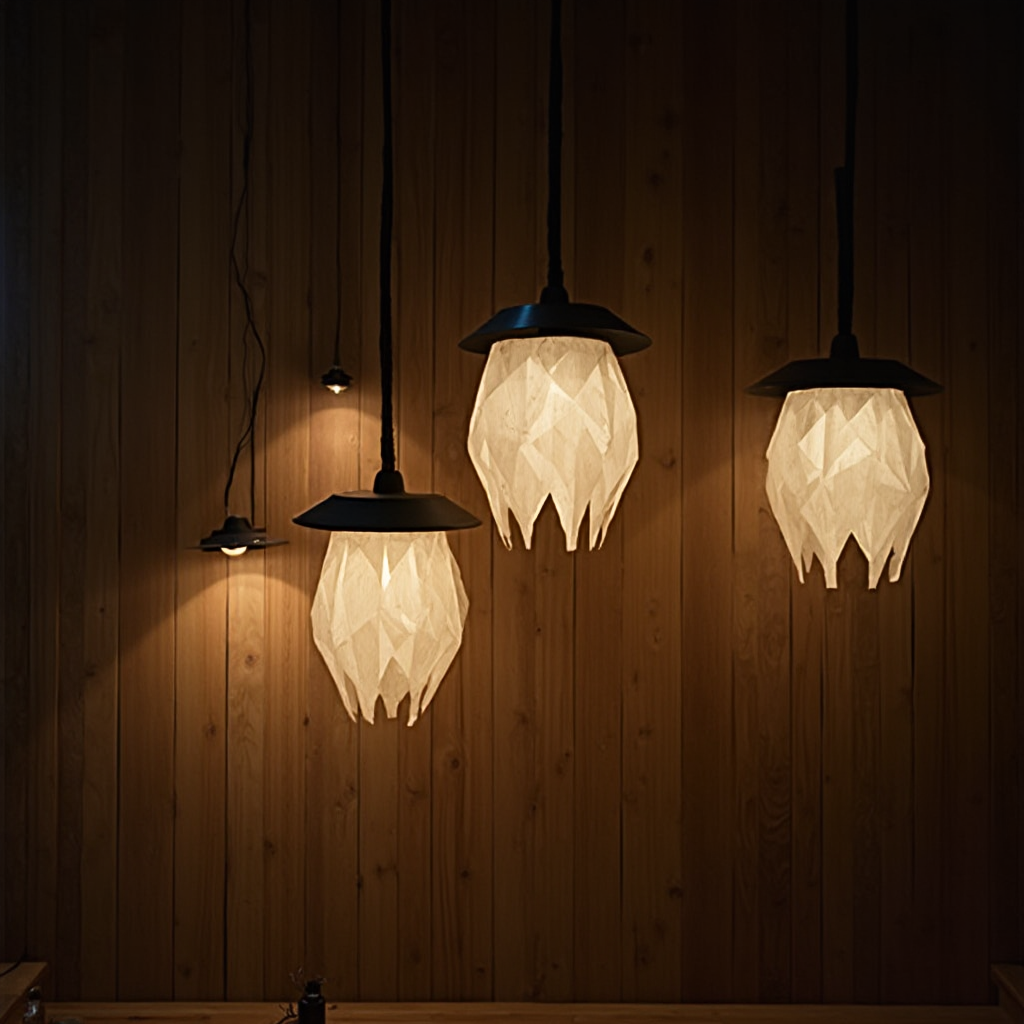 wiszące lampy z czarnego metalu i papieru ryżowego, rzucające geometryczne cienie na drewnianą ścianę, widok o zmierzchu