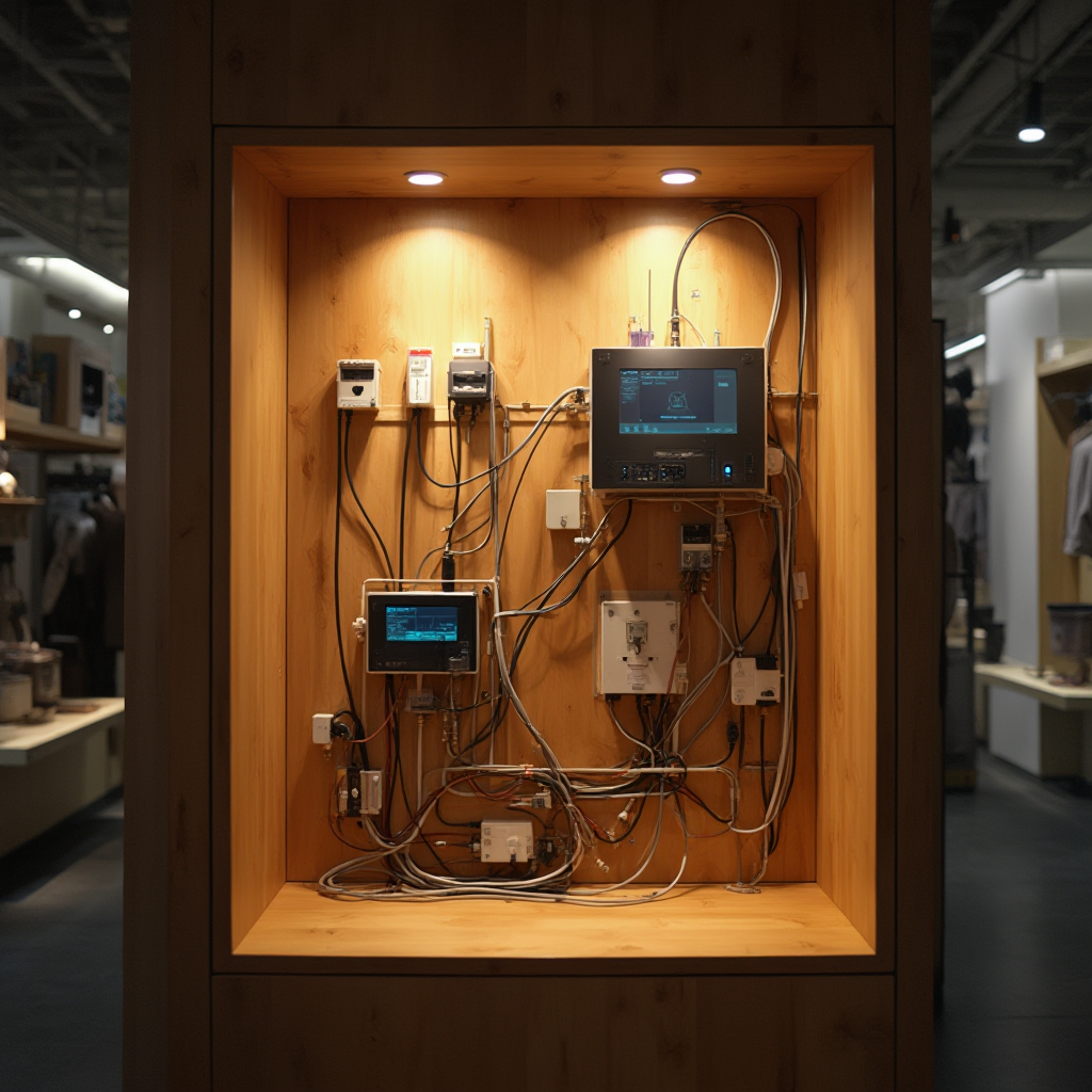 nowoczesny system sterowania oświetleniem ukryty w drewnianej skrzynce, widok detaliczny z podświetleniem