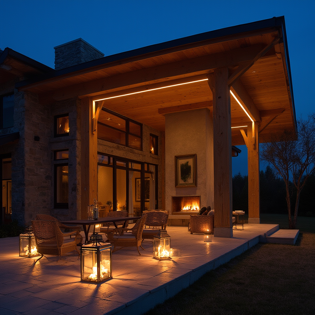 Wieczorny widok na dom modern farmhouse z iluminacją LED podkreślającą drewniane belki, ciepłym światłem bijącym od kominka i zapalonymi lampionami na tarasie