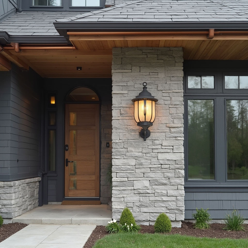 Detal elewacji modern farmhouse: połączenie szarej cegły ręcznie formowanej z poziomo ułożoną deską świerkową, miedziane rynny i oświetlenie ścienne w formie stylizowanej latarni gazowej