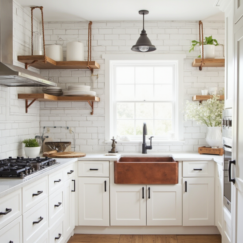 Kuchnia w stylu modern farmhouse z szafkami Shaker-style, podwieszanymi półkami na miedzianych linkach, kafelkami subway tiles w jodełkę i zlewem farmhouse z miedzi