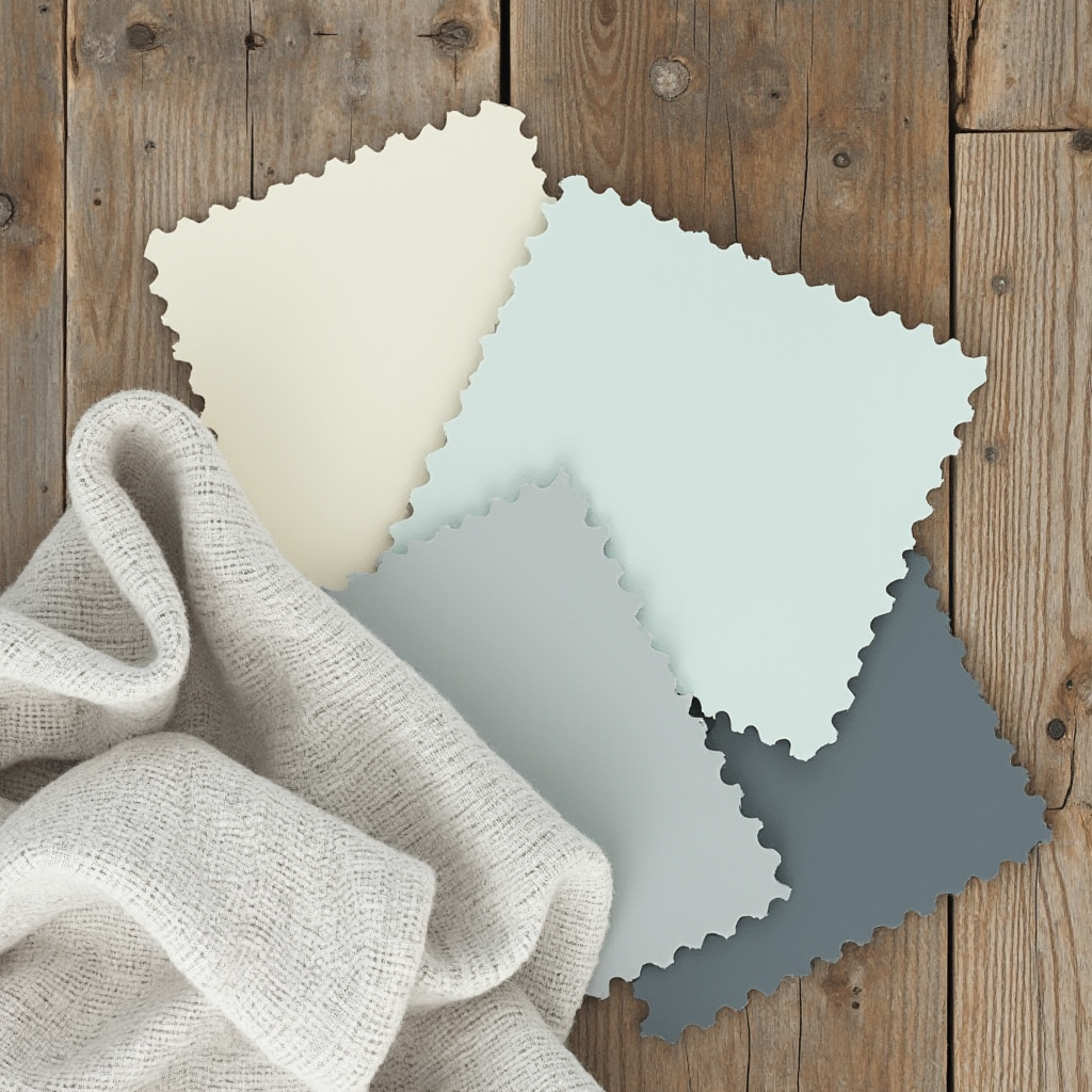 Paleta kolorów modern farmhouse: próbki farb w odcieniach ecru, mięty, szaro-błękitu i węgla drzewnego ułożone na drewnianym stole obok lnianych próbek tkanin