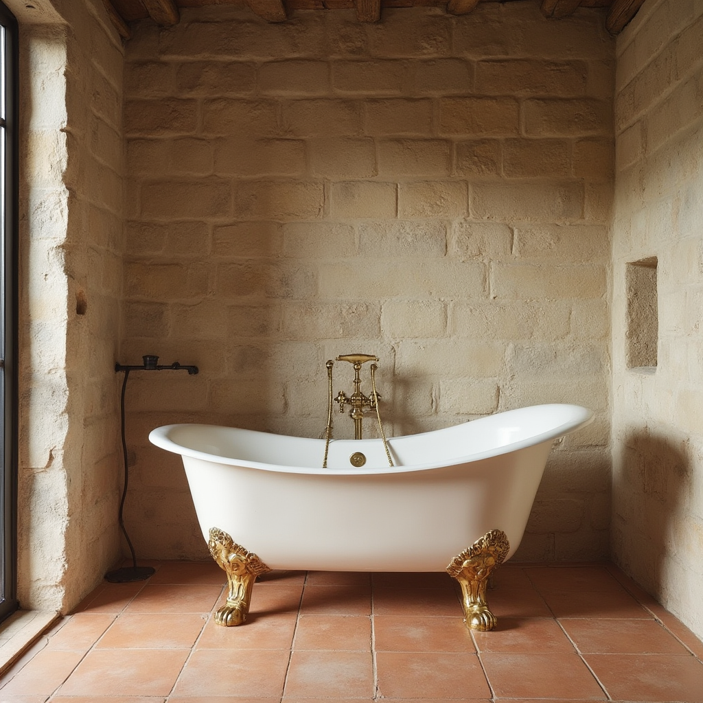Łazienka modern farmhouse z wanną freestanding na mosiężnych lwich łapach, podłogą z terakoty ręcznie formowanej i ścianą z kamienia łupanego w odcieniu piaskowca