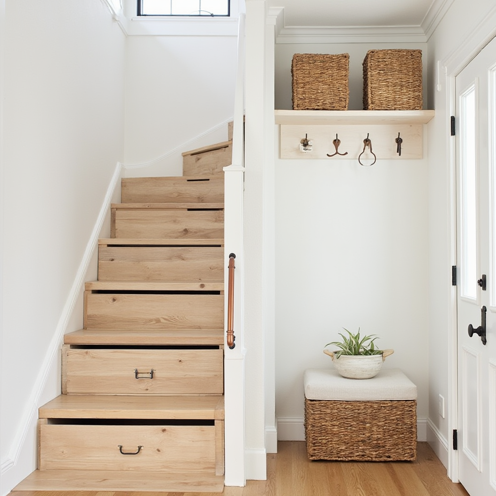 Schowek pod schodami w stylu modern farmhouse: wbudowane szuflady z drewna olchowego, wieszak z miedzianych rur, kosze z rattanu na drobiazgi