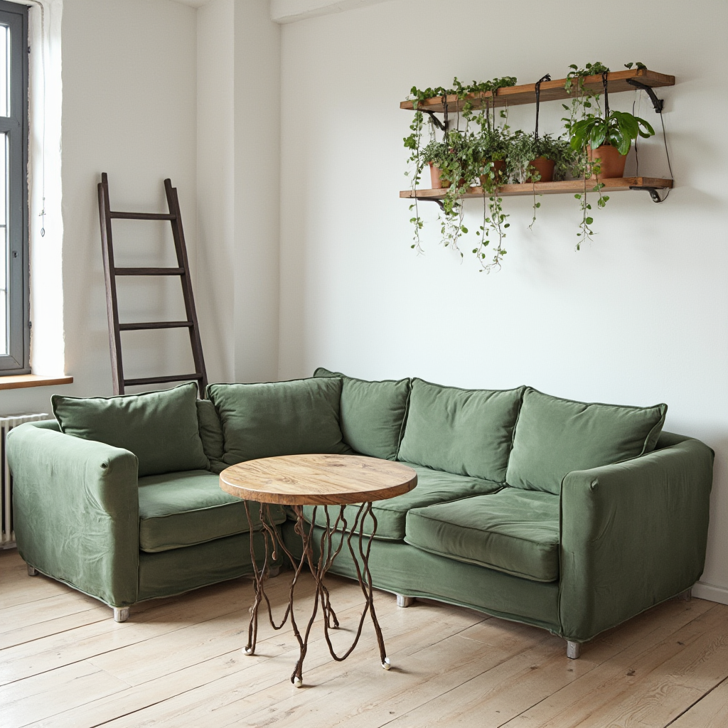 Studio w stylu modern farmhouse: sofa w kolorze sage green dzieląca przestrzeń, składany stół na miedzianych nogach, regał z drabiną i wiszące donice z pnączami
