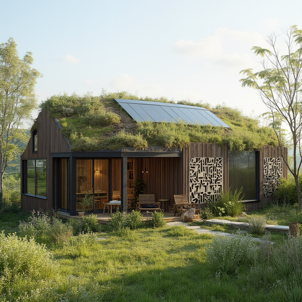 Ekologiczny dom modern farmhouse z zielonym dachem porośniętym rozchodnikami, panelami solarnymi zamaskowanymi jako ozdobne kraty na elewacji i zbiornikiem na deszczówkę z drewna akacjowego