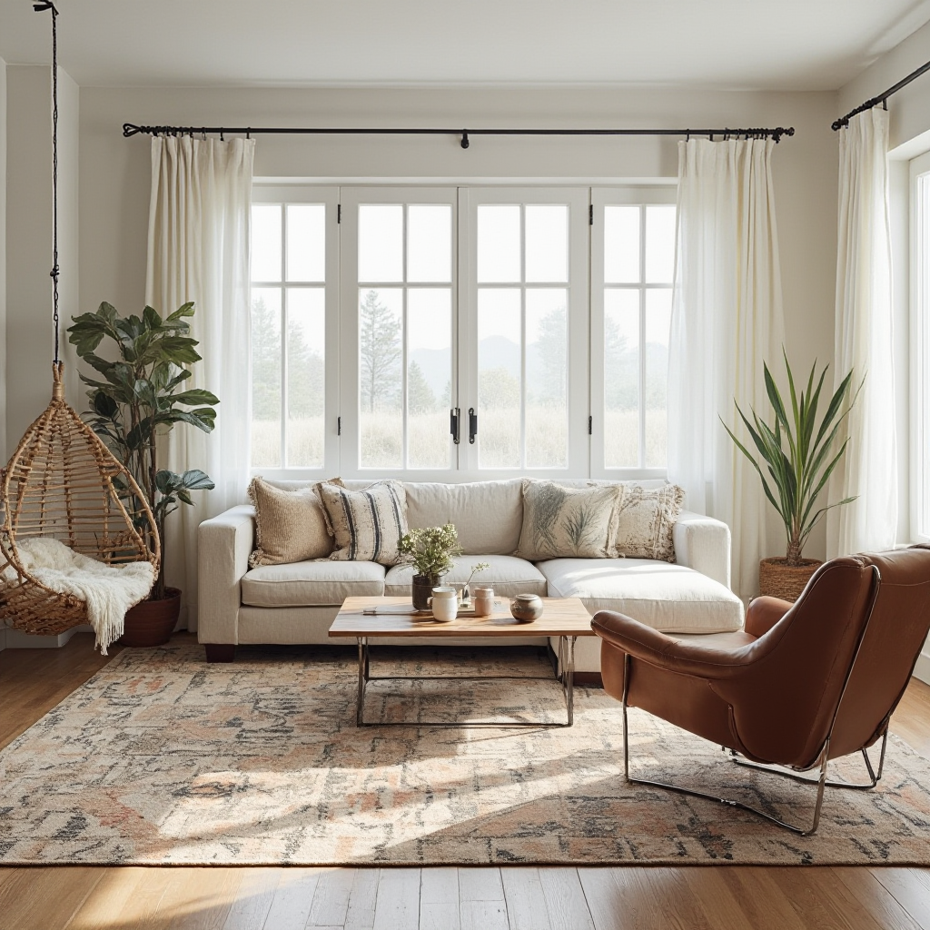 Mieszany salon modern farmhouse z boho: kanapa w obiciu z lnnej tkaniny w groszki, skórzany fotel klubowy, wiszące krzesło rattanowe i dywan z wełny w geometryczne wzory