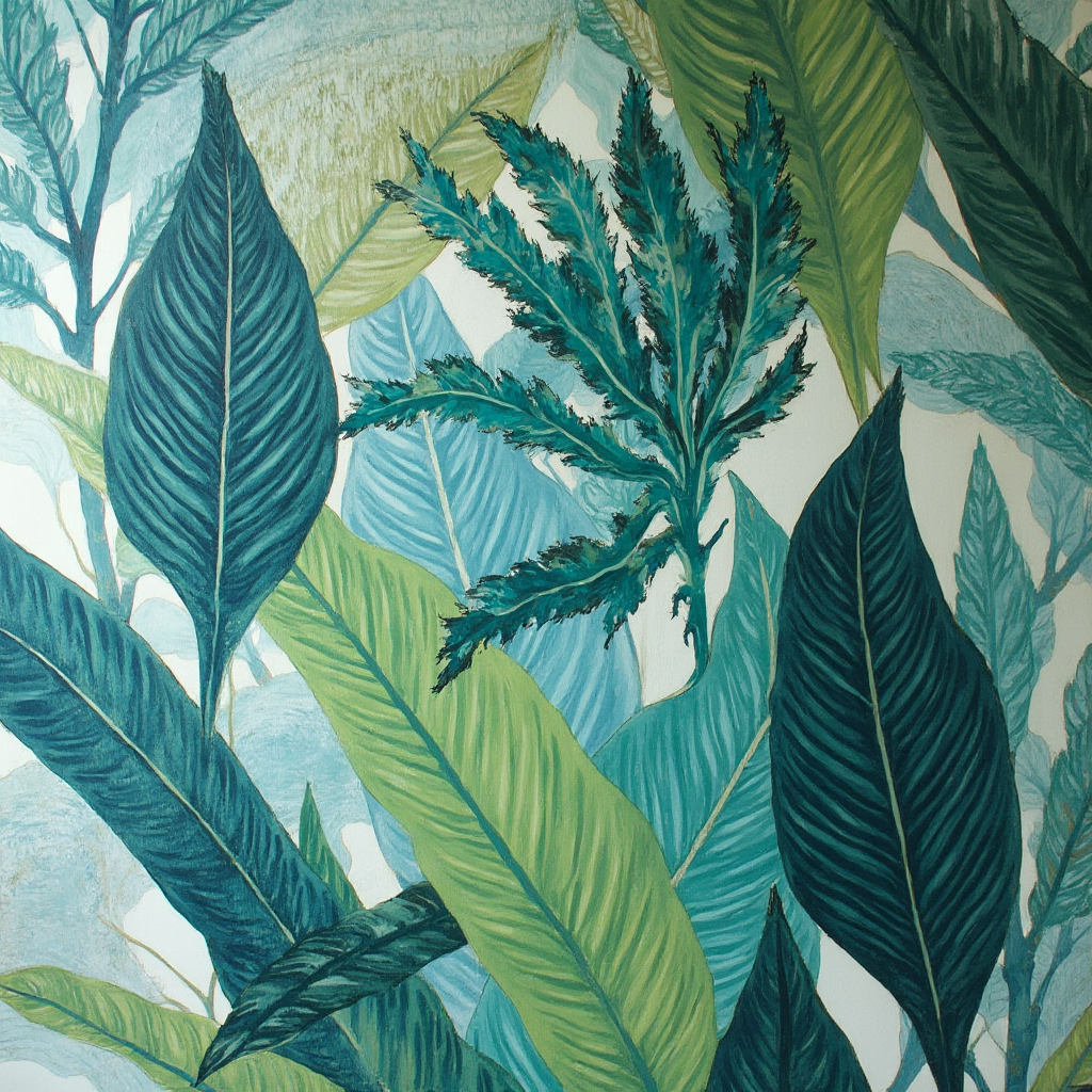 Detal tapety botanicznej z monstrualnymi liśćmi w odcieniach zieleni i błękitu, kadr ukazujący fakturę papieru oraz połyskujące akcenty
