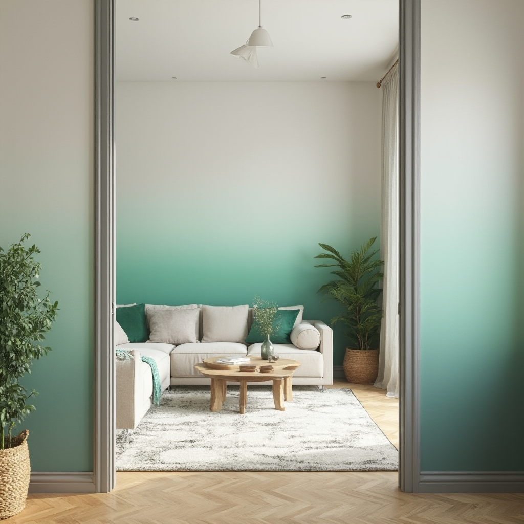 Salon w stylu skandynawskim z gradientową tapetą od bieli do seledynowej zieleni, kadr z widokiem na strefę wypoczynkową z drewnianymi akcentami