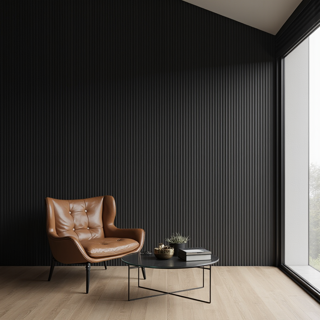 Nowoczesny salon z ciemną tapetą w pionowe pasy na jednej ścianie, kadr pod kątem ukazujący integrację z drewnianą podłogą i szklanym stolikiem