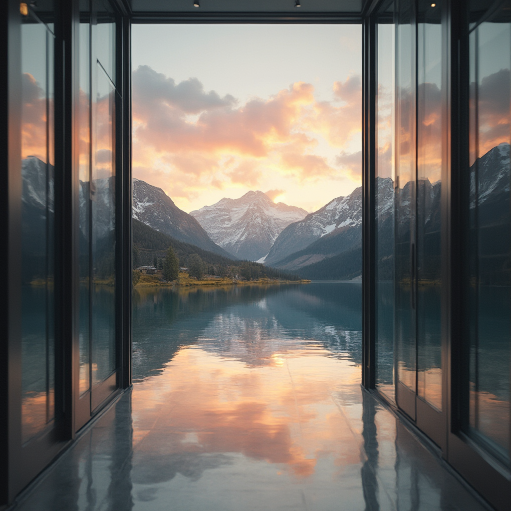 Fototapeta z górskim jeziorem odbijającym zachód słońca, kadr z perspektywą ukazującą lustrzane odbicie wzoru w szklanych drzwiach