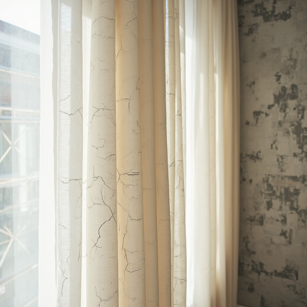 Eksperymentalna aranżacja z tapetą imitującą spękany beton, kadr z bliska ukazujący kontrast między surowym wzorem a miękkimi, kremowymi zasłonami