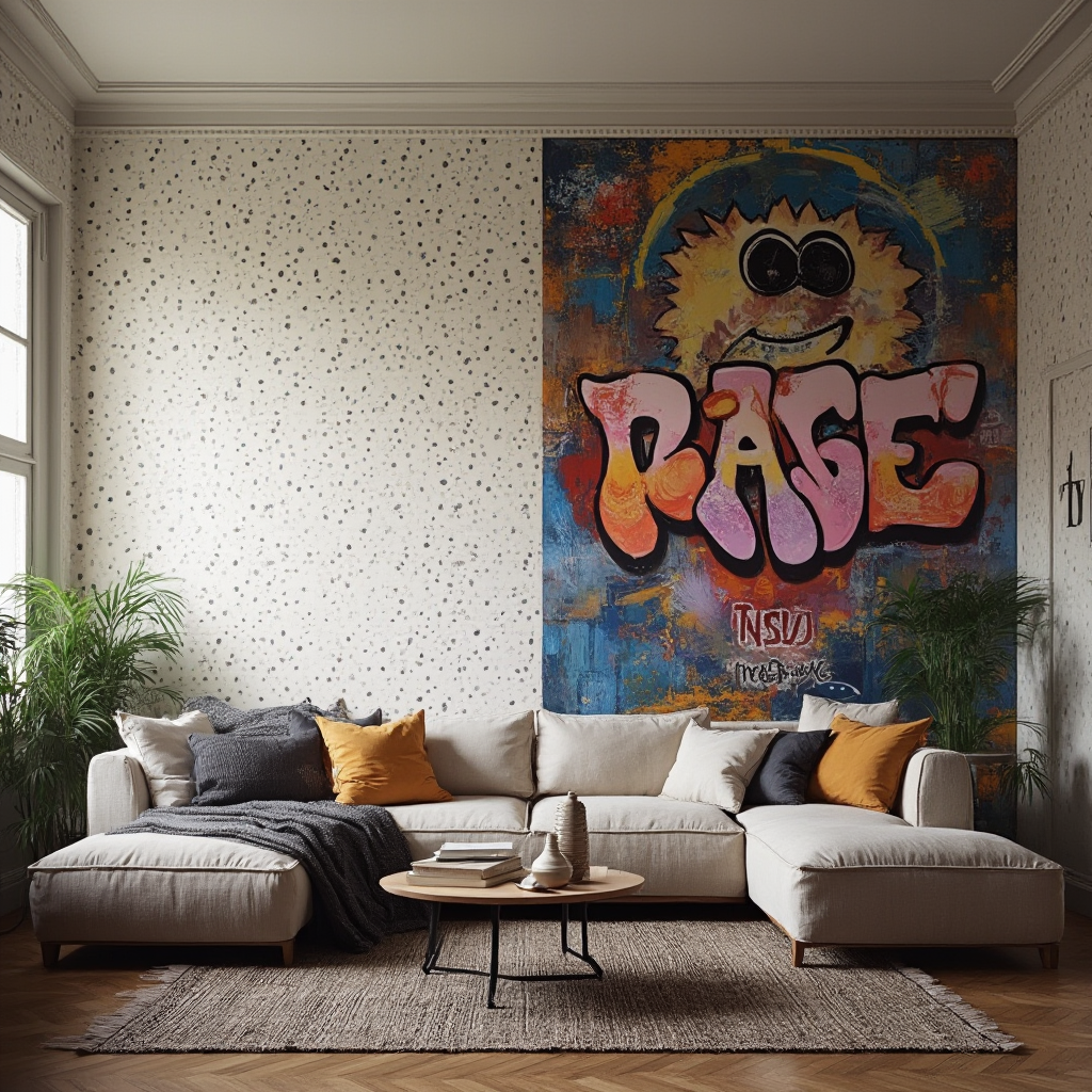 Metafora wyboru – dwie ściany w tym samym salonie: jedna z delikatną tapetą w kropki, druga z żywiołowym graffiti, kadr panoramiczny