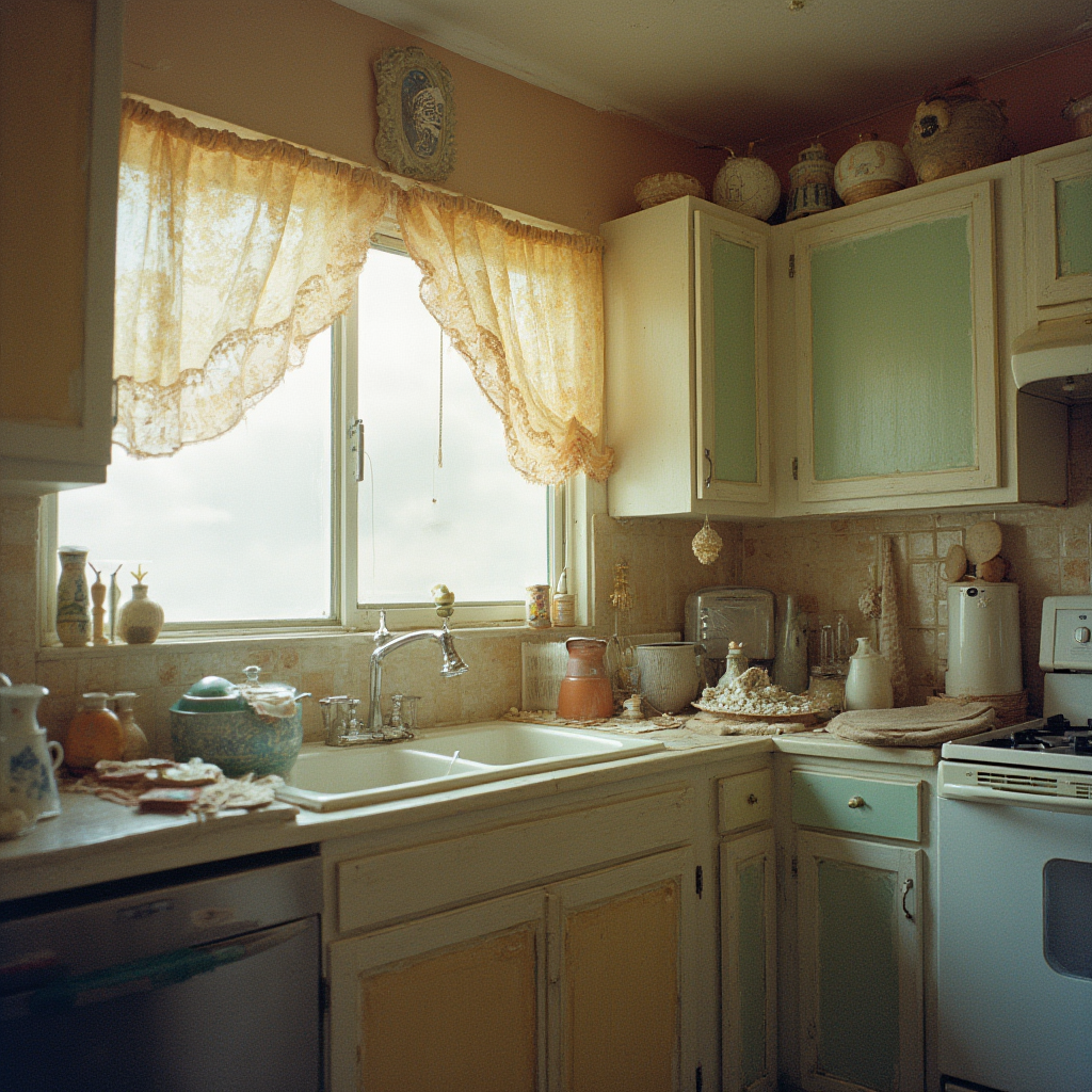 Przykład przeładowanej przestrzeni: zbyt wiele ceramicznych figurek na blacie i pstrokate zasłony kolidujące z kolorem szafek. Kadr służy jako antyinspiracja.