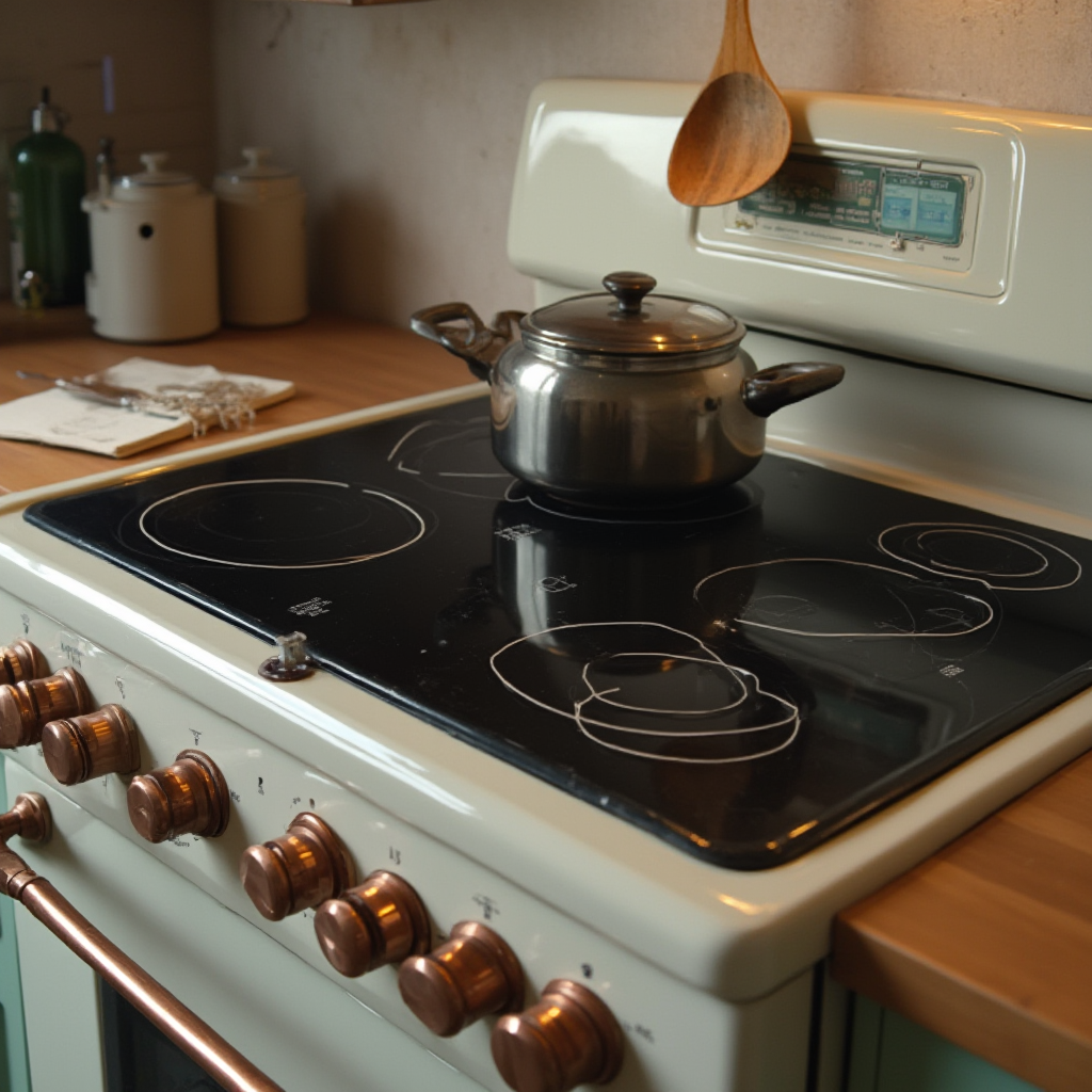 Nowoczesna indukcyjna płyta grzewcza w obudowie stylizowanej na retro kuchenkę gazową z miedzianymi pokrętłami. Kadr ukazuje też drewnianą łyżkę w zawieszce nad płytą.