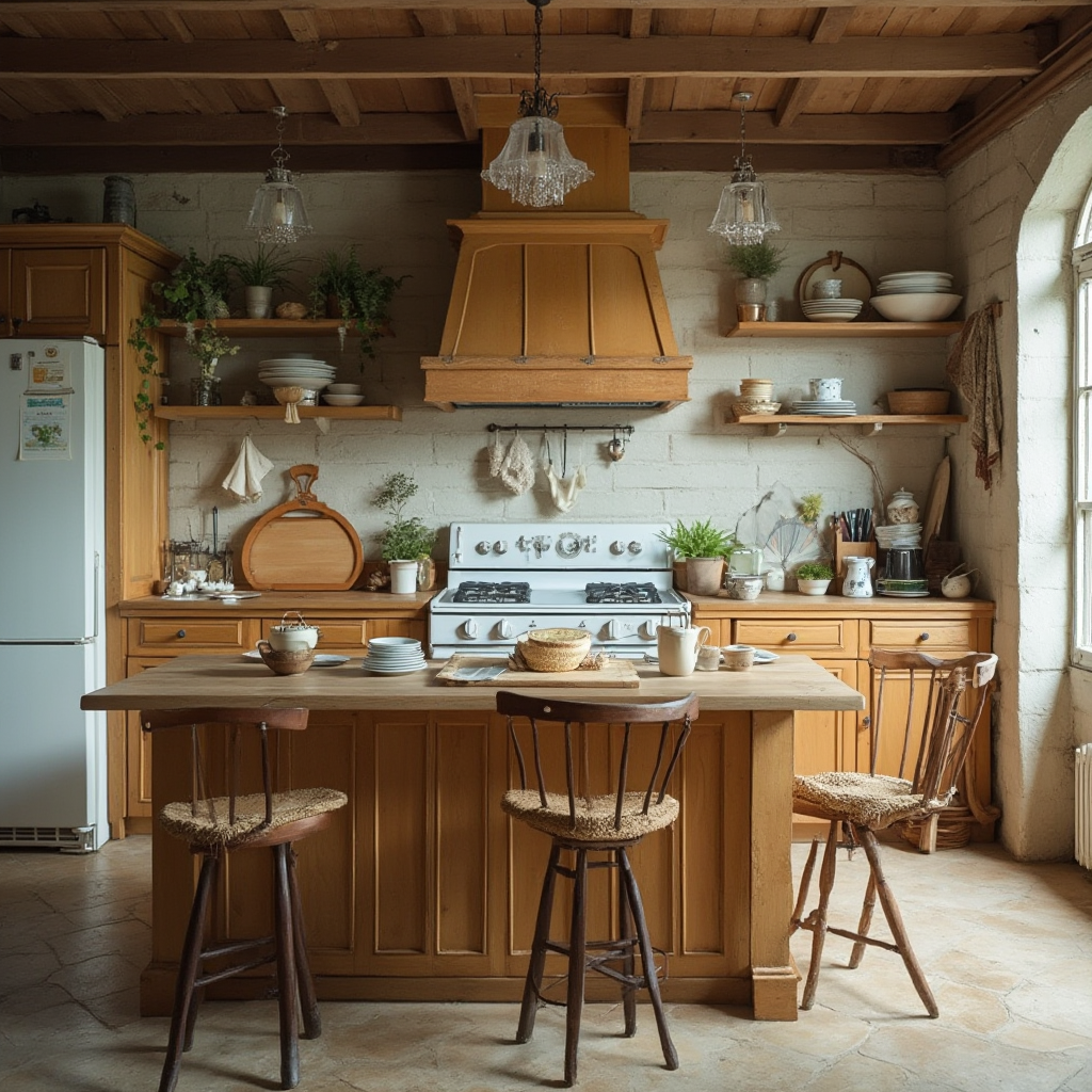 Szeroki ujęcie kuchni łączącej elementy retro (drewniany stół, ceramiczne naczynia) z nowoczesnością (niewidoczna zabudowa AGD). Kadr podkreśla harmonię między epokami.