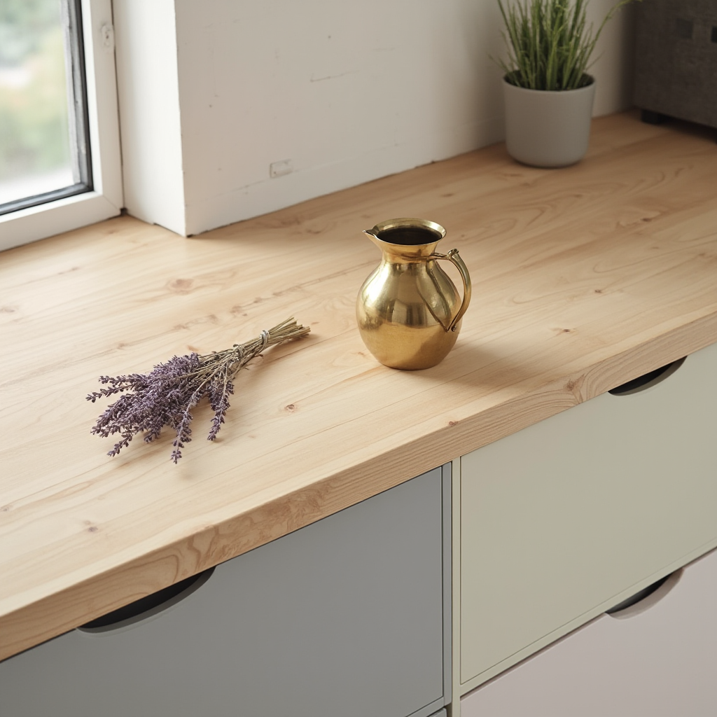 Blat kuchenny z drewna olchowego z widocznymi słojami, na nim mosiężny dzbanek i wiązka suszonych lawend. Kadr ukazuje fragment szafki z matowymi, pastelowymi frontami.