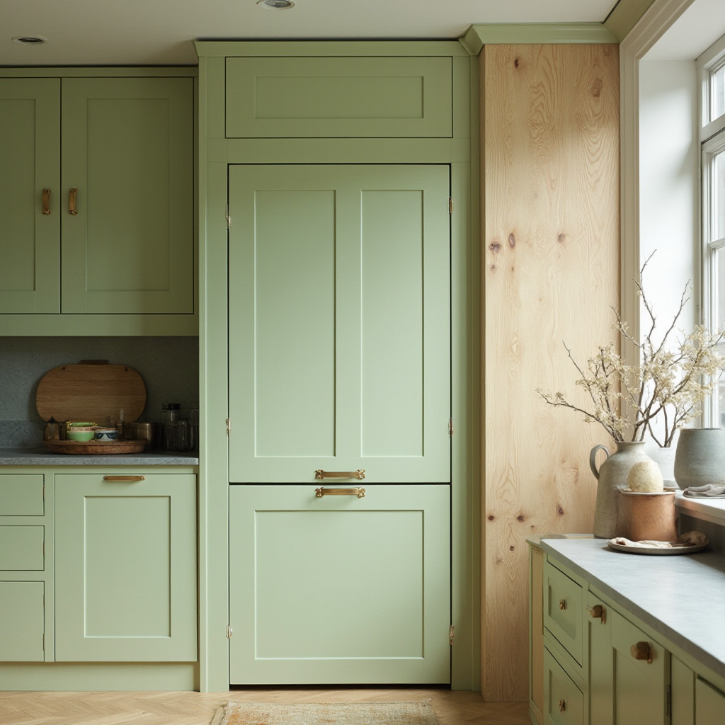 Komplet szafek kuchennych w kolorze pistacjowej zieleni z mosiężnymi gałkami. Kadr pokazuje wbudowaną nowoczesną lodówkę z frontem imitującym drewno dębowe.