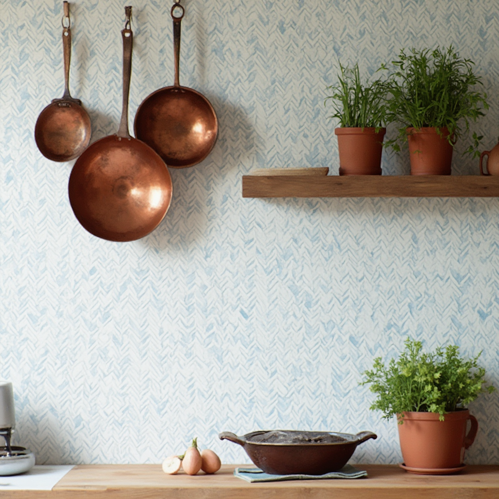 Ściana w kuchni pokryta białymi kaflami w kształcie rybiej łuski z niebieskimi fugami. Kadr obejmuje wiszące miedziane patelnie i drewnianą półkę z ziołami w glinianych doniczkach.