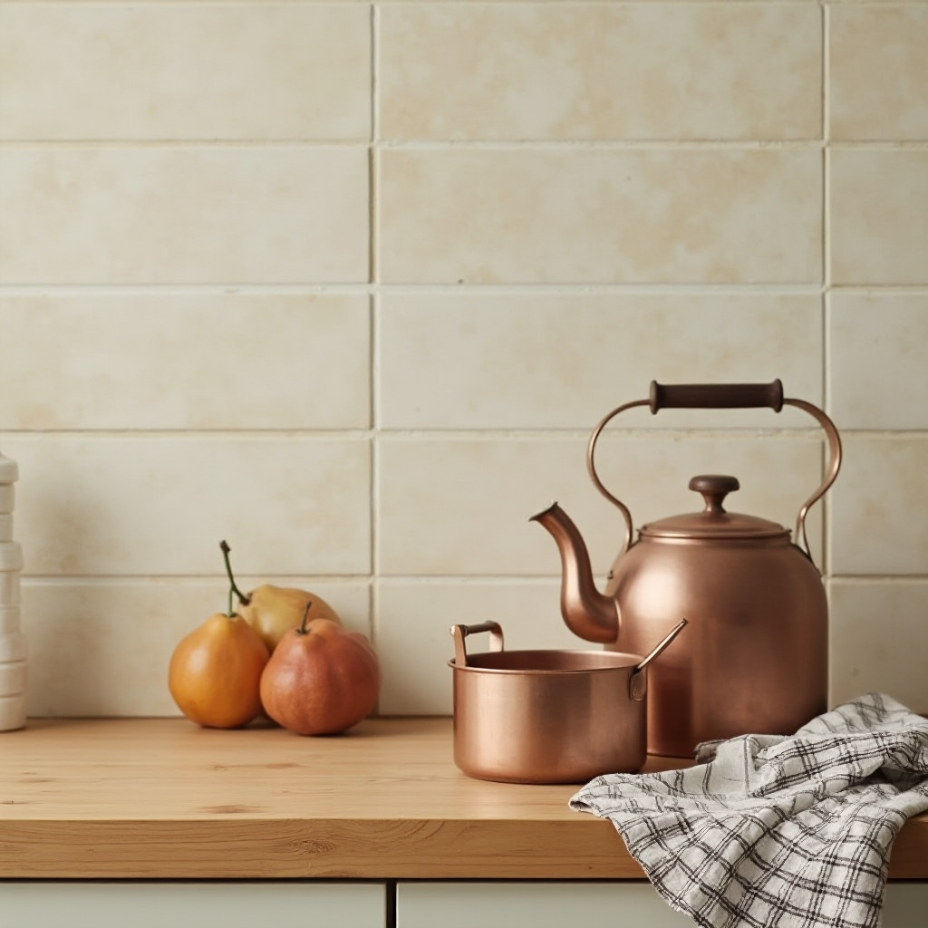 Zestawienie tekstur: drewniany blat z widocznymi słojami, obok miedziany czajnik i lniana ściereczka w kratę. Kadr ukazuje fragment kafelkowej ściany w odcieniu ecru.