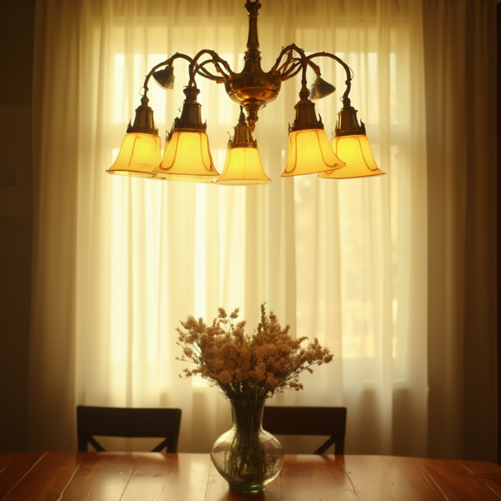 Mosiężny żyrandol z pięcioma kloszami w kształcie dzwonów, zawieszony nad drewnianym stołem. Kadr pokazuje rozproszone żółte światło padające na wazon z polnymi kwiatami.