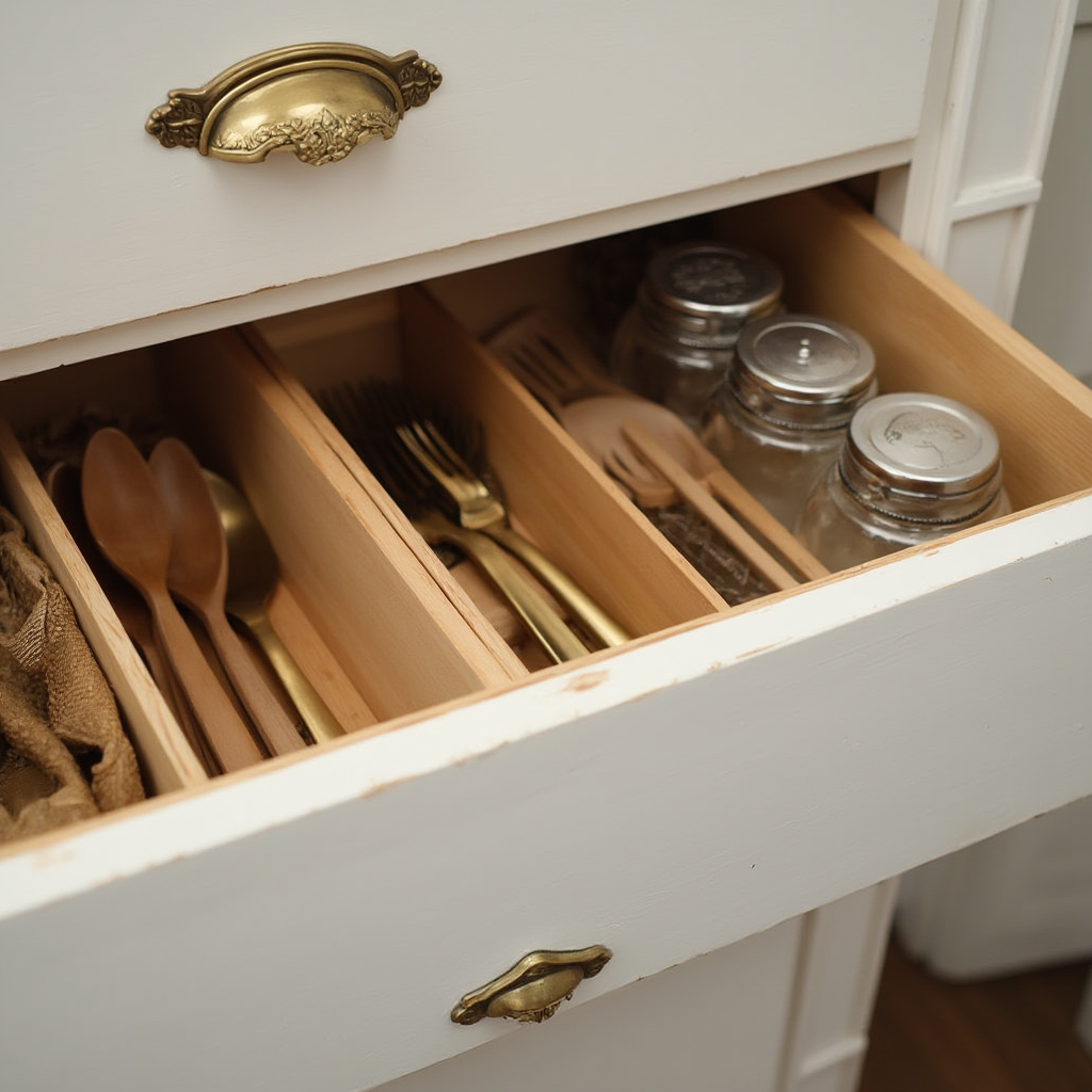 Otwarta szuflada z drewnianymi przegródkami na sztućce i szklanymi pojemnikami na mąkę. Kadr ukazuje też mosiężne uchwyty w kształcie liści.