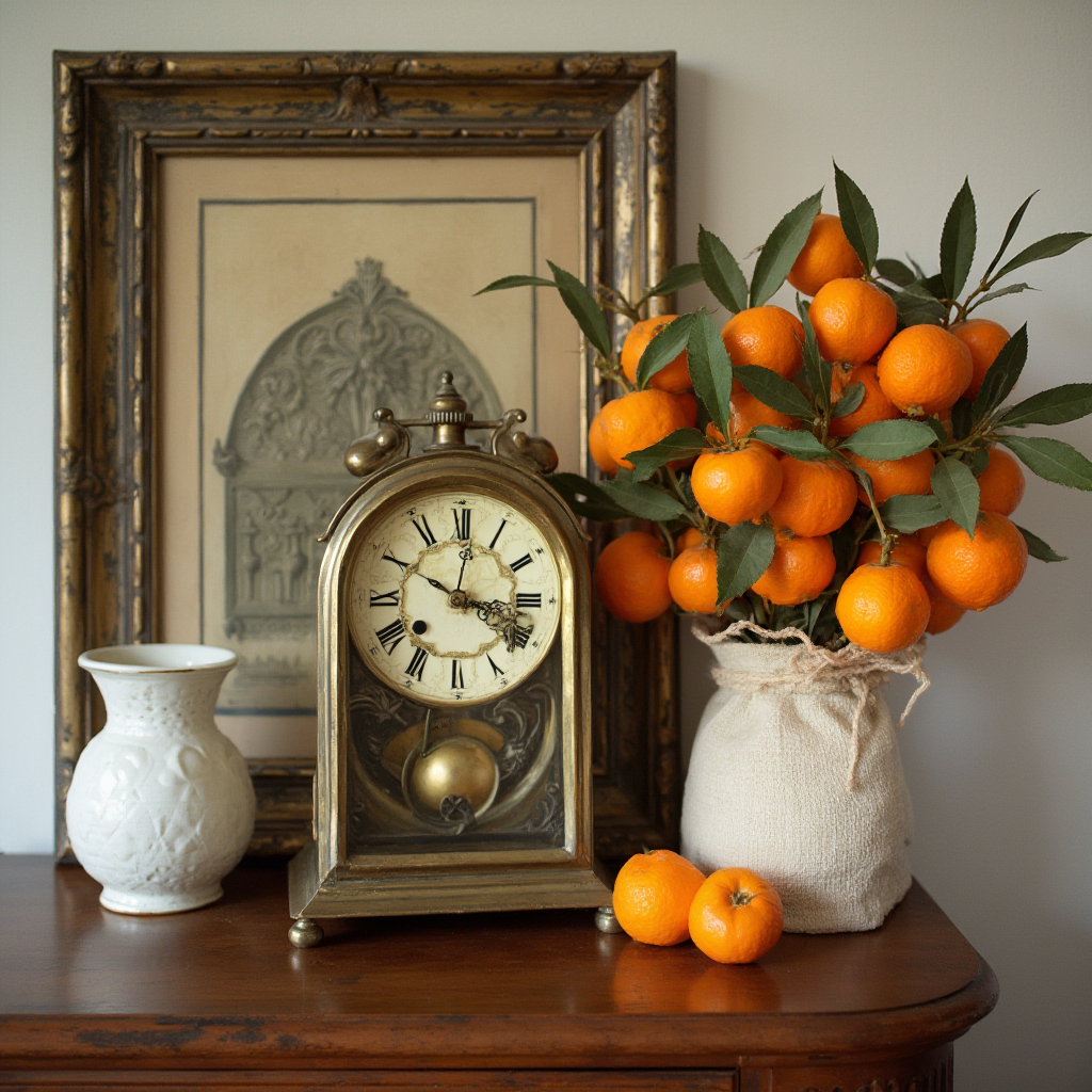 Kompozycja dekoracyjna: mosiężny zegar z widocznym wahadłem, stojący na drewnianym blacie obok ceramicznego dzbanka w grochy. Kadr obejmuje wiszące suszone pomarańcze w lnianym woreczku.