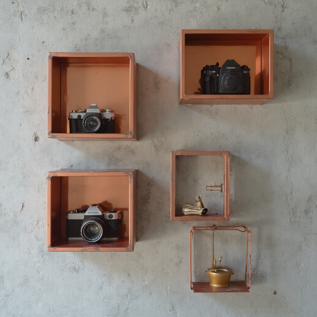 Kompozycja czterech metalowych półek w kolorze miedziowym zawieszonych na szarej ścianie z betonu architektonicznego. Na półkach widoczne są stare aparaty fotograficzne ustawione pod kątem 45 stopni oraz pojedynczy stojak z mosiężnymi narzędziami jubilerskimi.