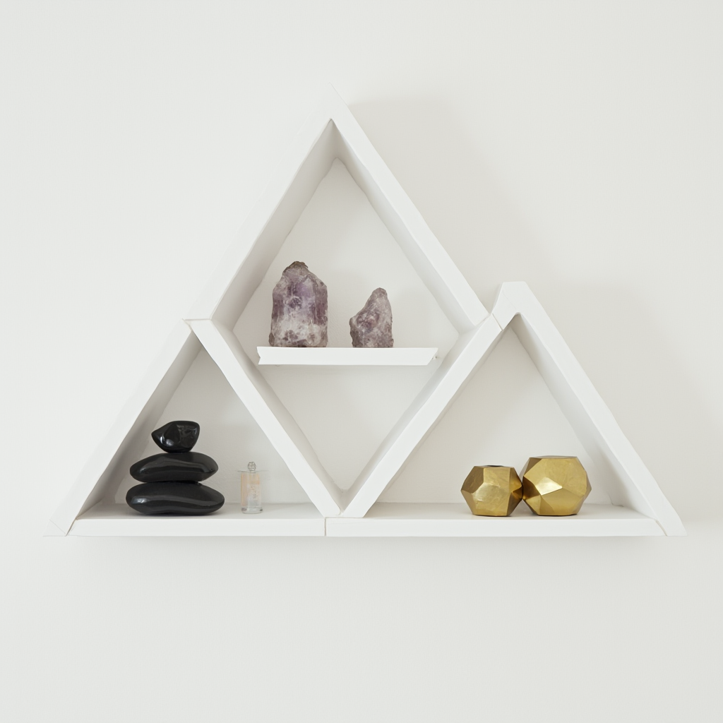 Trzy kwadratowe białe półki ułożone w kształt trójkąta. Na nich kompozycja z czarnych kamieni zen, przezroczystych kryształów górskich i mosiężnych świeczników w formie wielościanów foremnych.