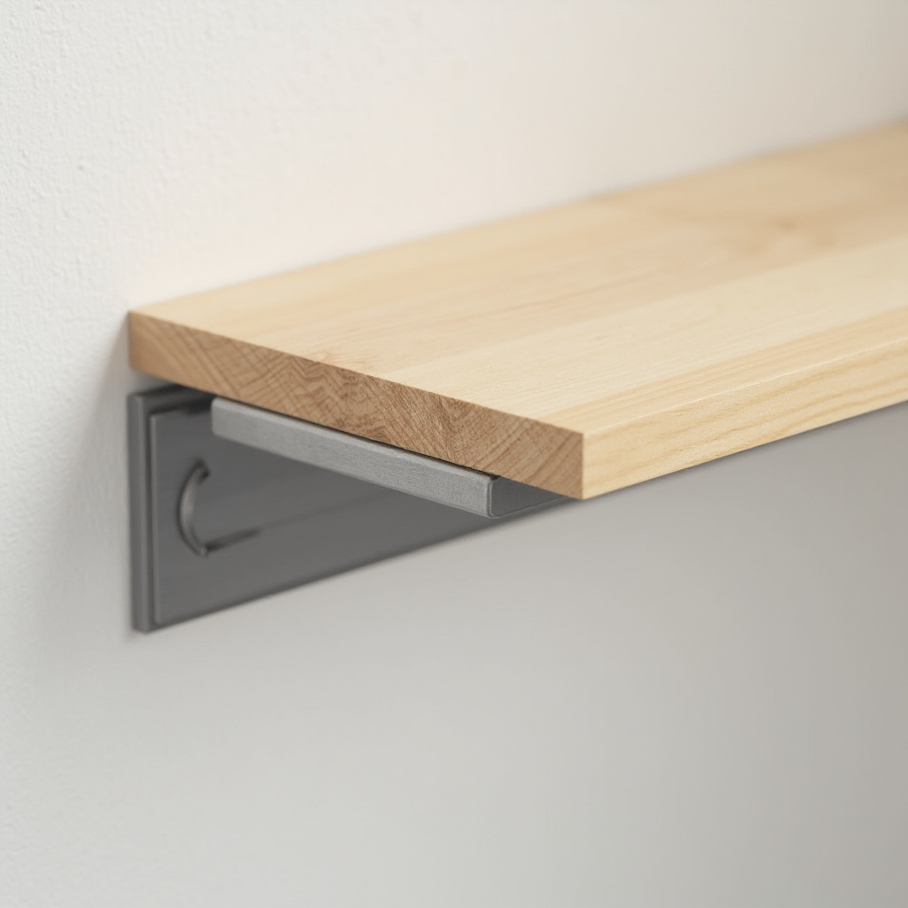 Makro zdjęcie niewidocznego systemu montażowego półek – metalowa szyna wtopiona w ścianę z profilem stalowym utrzymującym drewnianą półkę bez widocznych uchwytów.