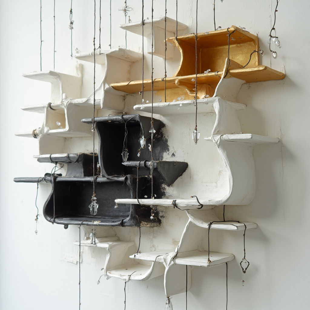 Abstrakcyjna kompozycja ze spiętrzonych półek w kształcie fraktali, pomalowanych w kolorystyce bieli, czerni i złota. Pomiędzy półkami zawieszone są stalowe linki z kryształowymi zawieszkami.