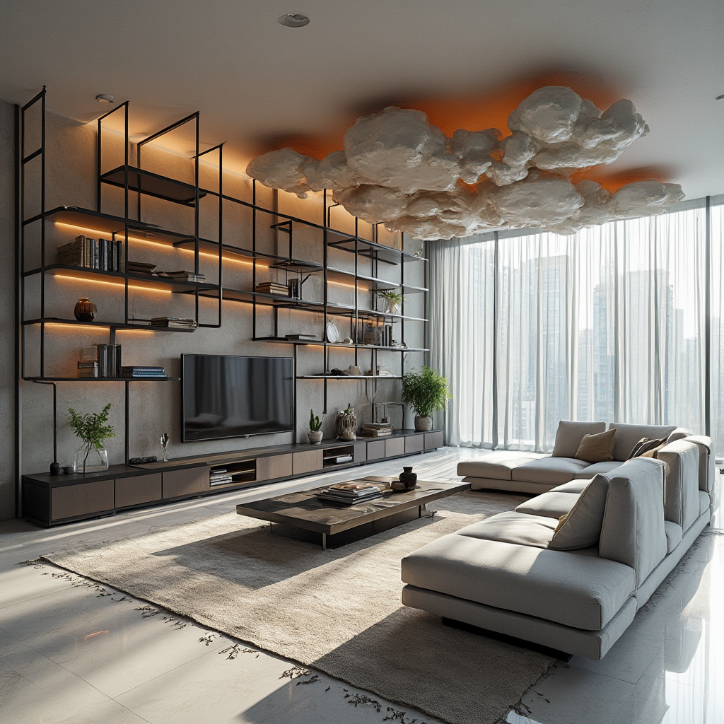 Panoramiczne ujęcie nowoczesnego salonu z systemem półek tworzących iluzję unoszącej się chmury. Czarne metalowe profile łączą się z transparentnym szkłem, tworząc dynamiczną kompozycję przestrzenną.