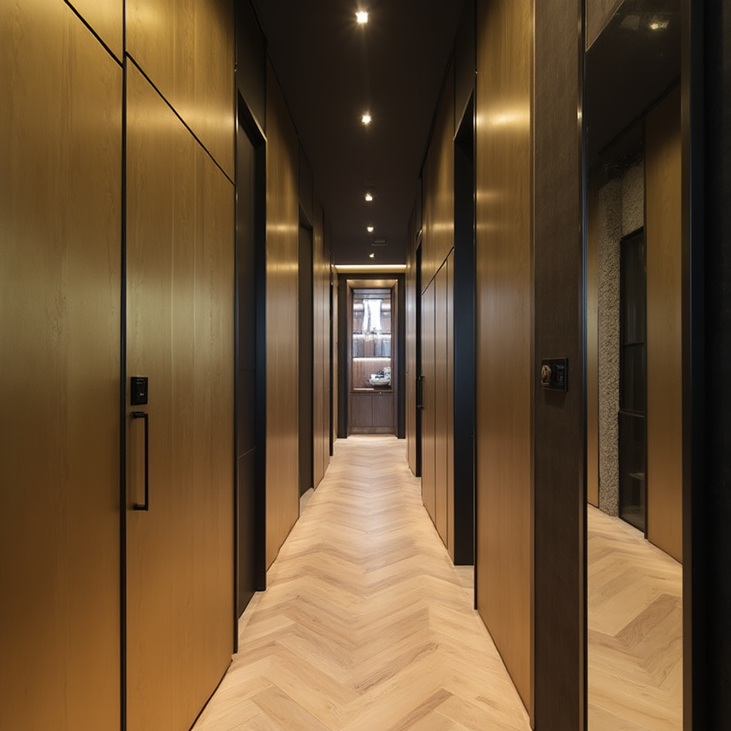 Wąski korytarzowy przedpokój z systemem magnetycznych paneli w kolorze złota, lustro w czarnej ramie, podłoga z desek w jodełkę, widok pod kątem