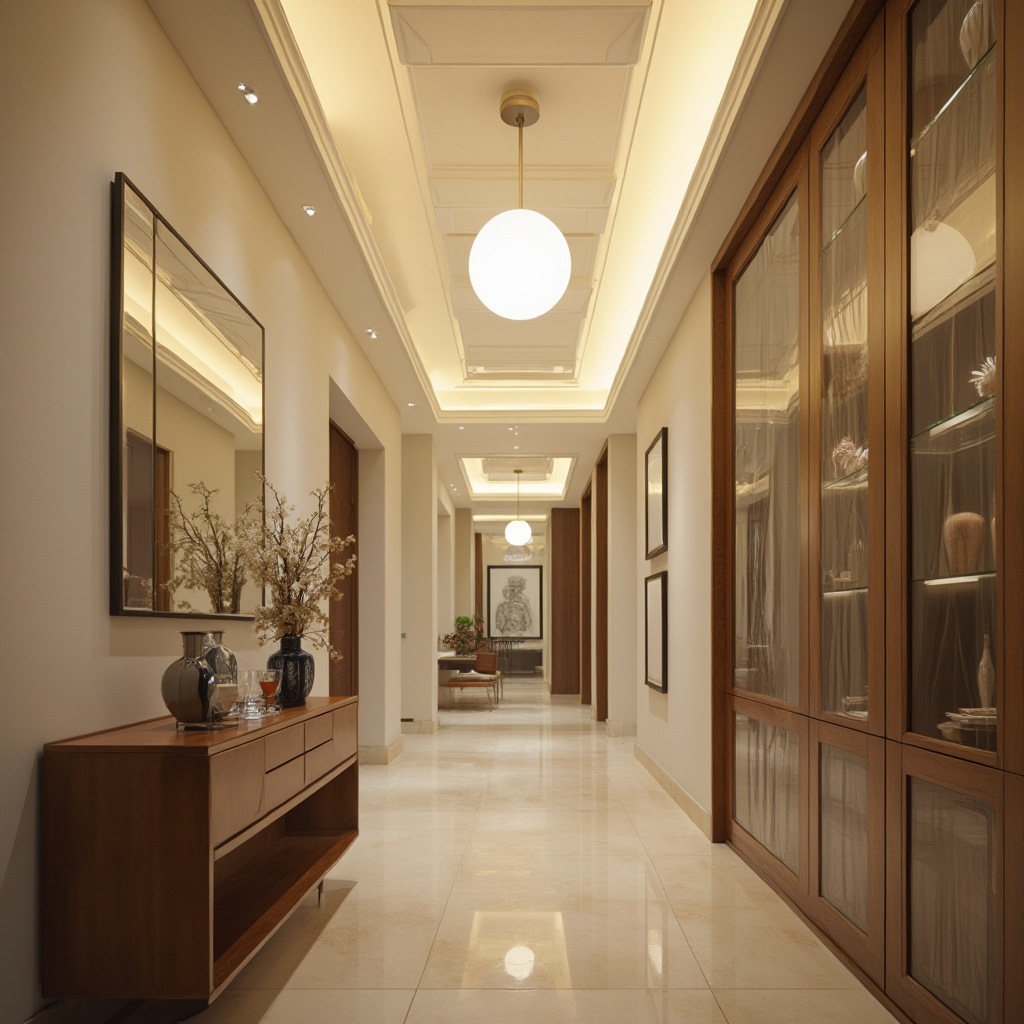 Nowoczesny system oświetlenia przedpokoju z podświetlanym sufitem kasetonowego, wisząca lampa kulista nad drewnianą konsolą, refleksy świetlne na szklanych frontach szafy