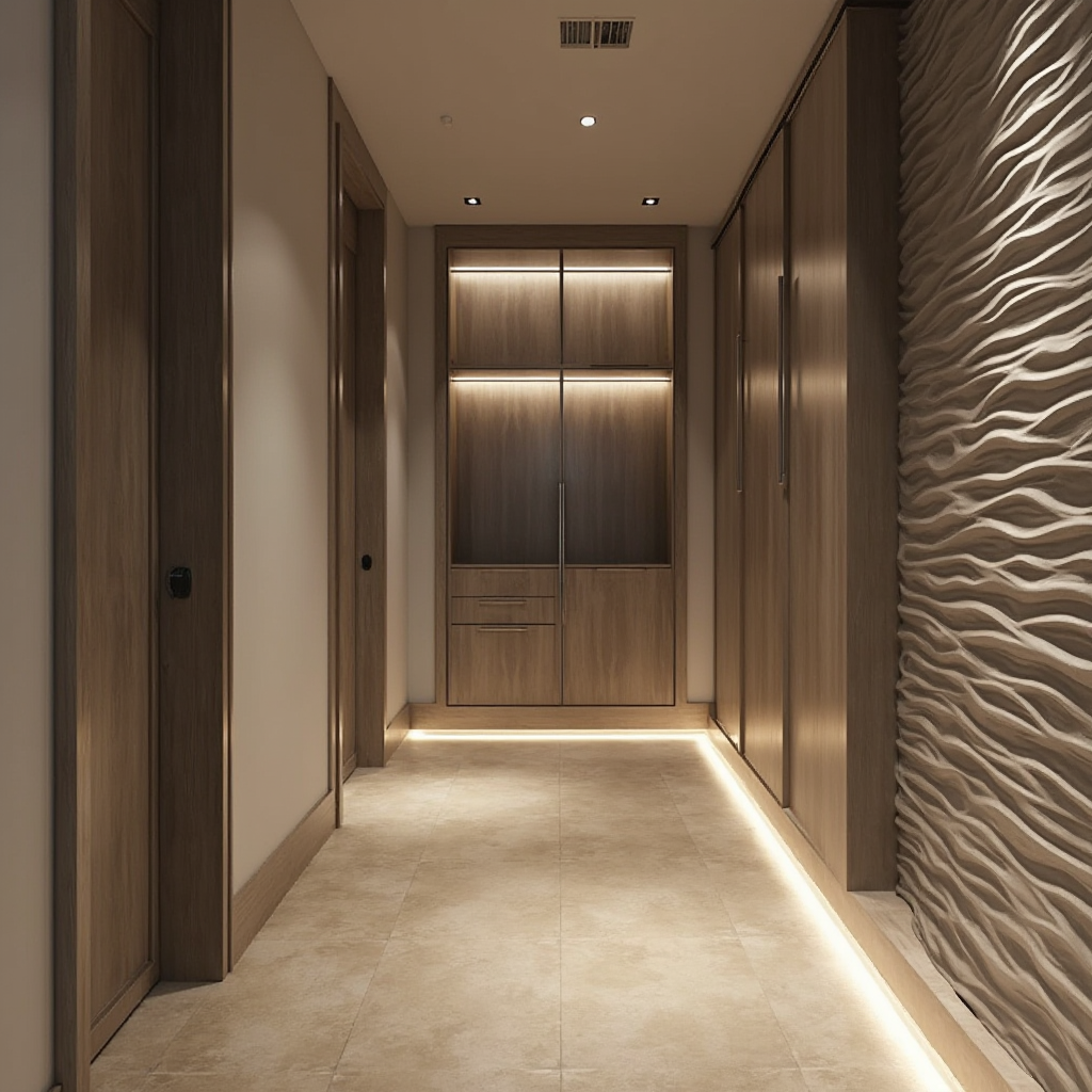 Przedpokój z inteligentną szafą ze zintegrowaną ładowarką, ledowy pasek podłogowy wskazujący drogę, ściana z okładziną 3D imitującą falę, widok w perspektywie żabiej