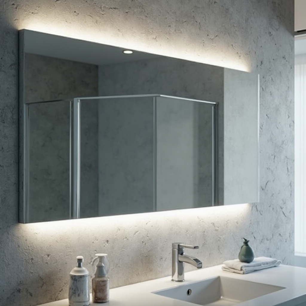 Podłużne lustro łazienkowe z podświetleniem LED wzdłuż dolnej krawędzi, rzucające miękkie światło na szarą betonową ścianę. Kadr z ujęciem pod kątem 45 stopni, z widocznym odbiciem szklanej kabiny prysznicowej w lustrze.