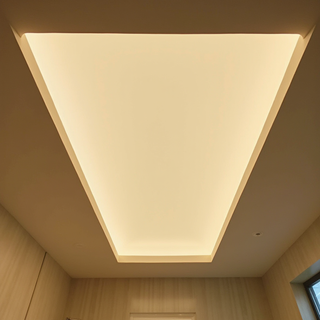 Sufit podwieszany w łazience z wąską szczeliną świetlną wzdłuż całego obwodu, z której wydobywa się równomierne ciepłe światło LED. Kadr ukazujący całość sufitu z perspektywy stojącej osoby, z widocznym brakiem tradycyjnych opraw.