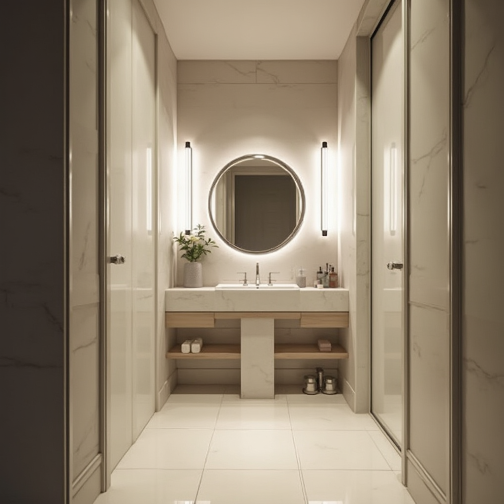 Wąska łazienka z pionowymi kinkietami LED w narożnikach, podświetlonym lustrem w formie okręgu i podłogą z dużych jasnych płytek. Kadr z perspektywy ukazujący efekt optycznego powiększenia przestrzeni.