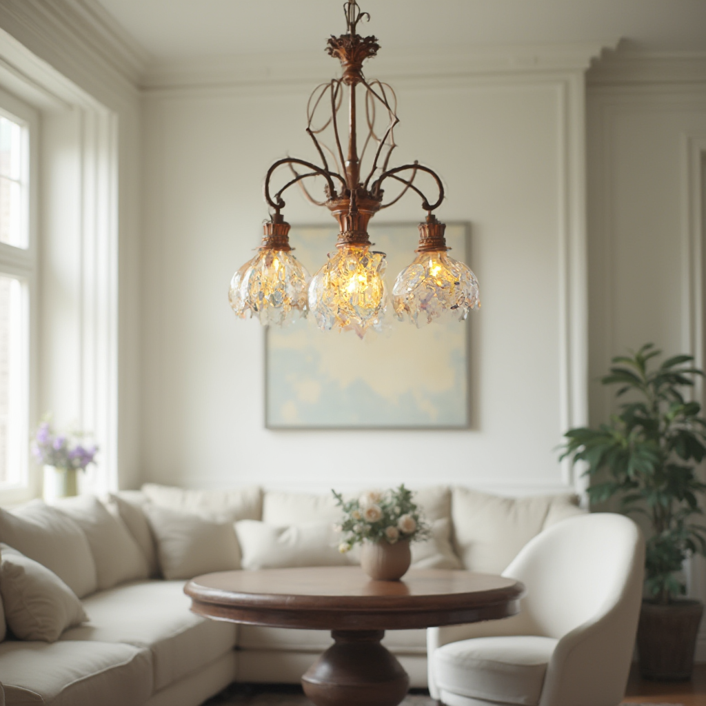 Elegancki żyrandol z trzema opalizującymi kloszami zawieszony nad okrągłym stołem w salonie. Kadr pokazuje miękkie, rozproszone światło odbite od jasnych ścian.