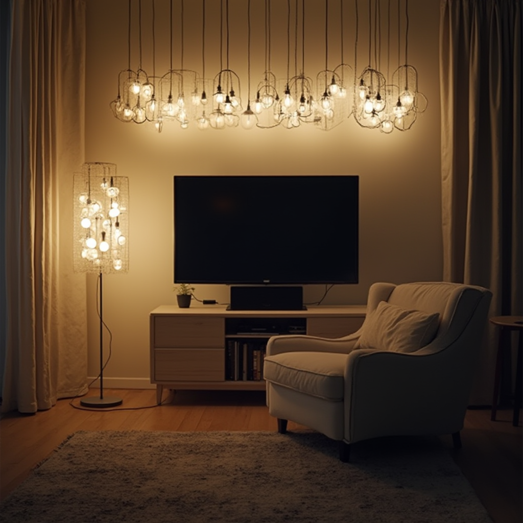 Salon w stylu skandynawskim z lampą podłogową obok fotela, podświetlonym TV oraz klatką z ledami na ścianie. Kadr podkreśla równomierny rozkład źródeł światła.