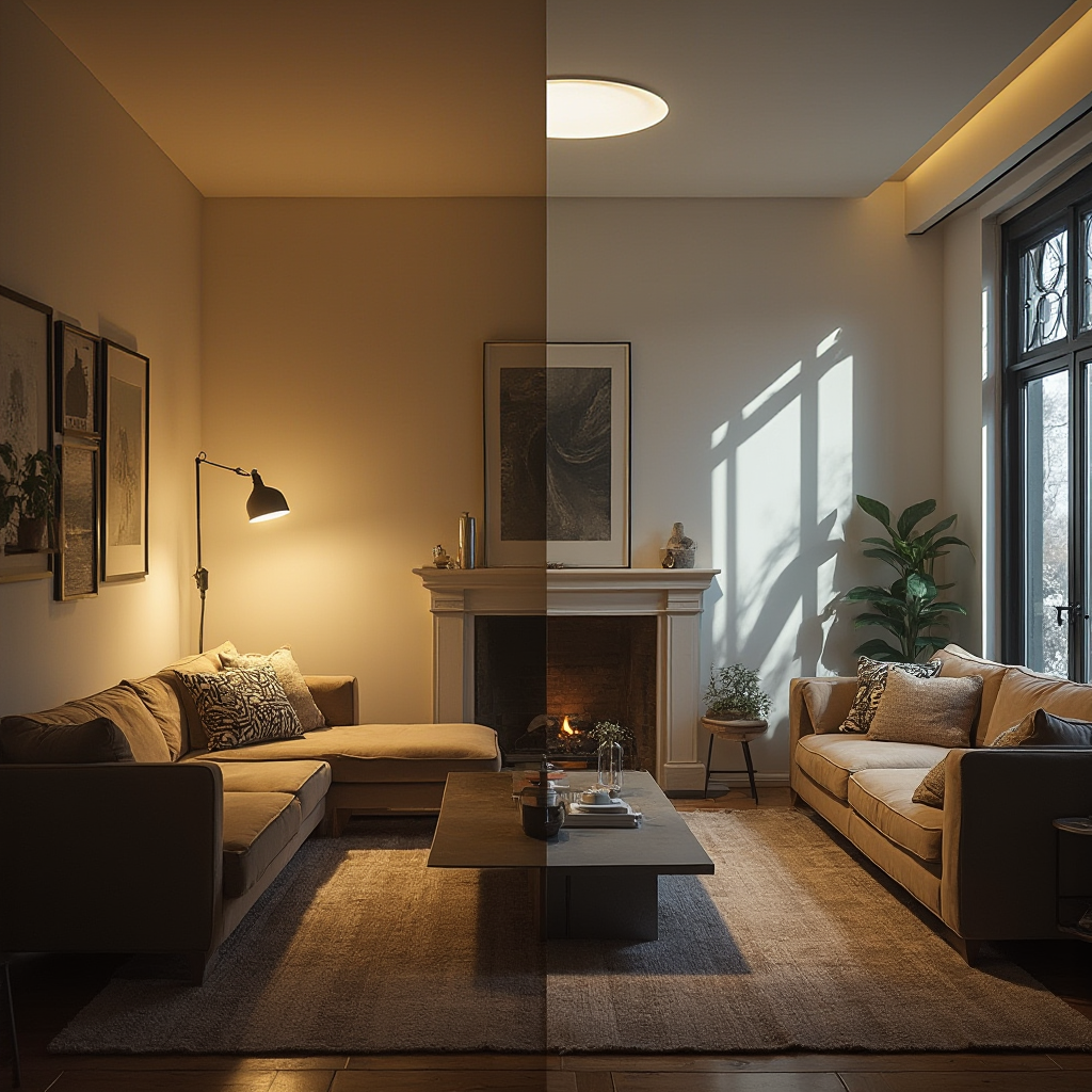 Porównanie dwóch salonów: jeden z pojedynczą lampą sufitową tworzącą ostre cienie, drugi z wielopoziomowym oświetleniem. Kadr podkreśla różnice w rozmieszczeniu punktów świetlnych.