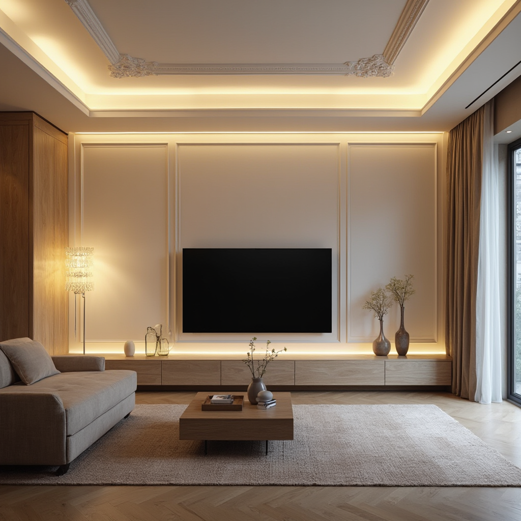 Minimalistyczny salon z podświetlanym sufitem kasetonowym, retro lampą stojącą i ukrytymi ledami za telewizorem. Kadr ukazuje połączenie nowoczesnych i klasycznych elementów.