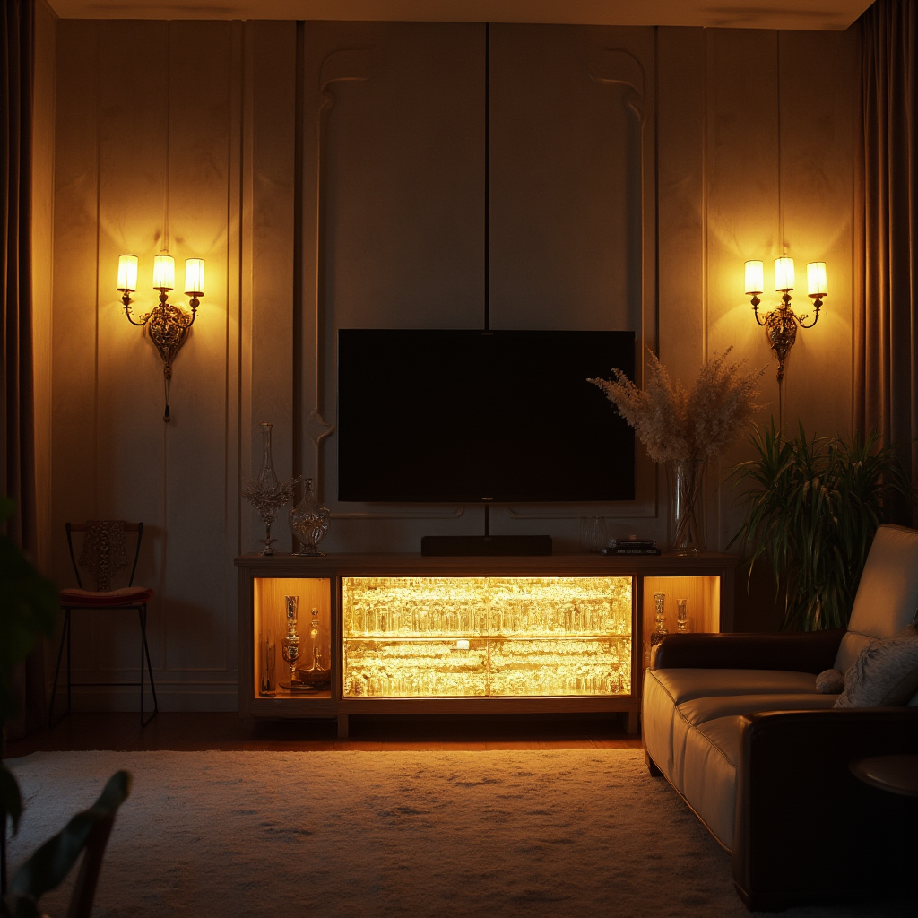 Panorama salonu z oświetleniem wieczornym: złote kinkiety, podświetlona witryna z kryształami i dyskretne LED-y pod meblami. Kadr ukazuje harmonijną grę świateł i cieni.